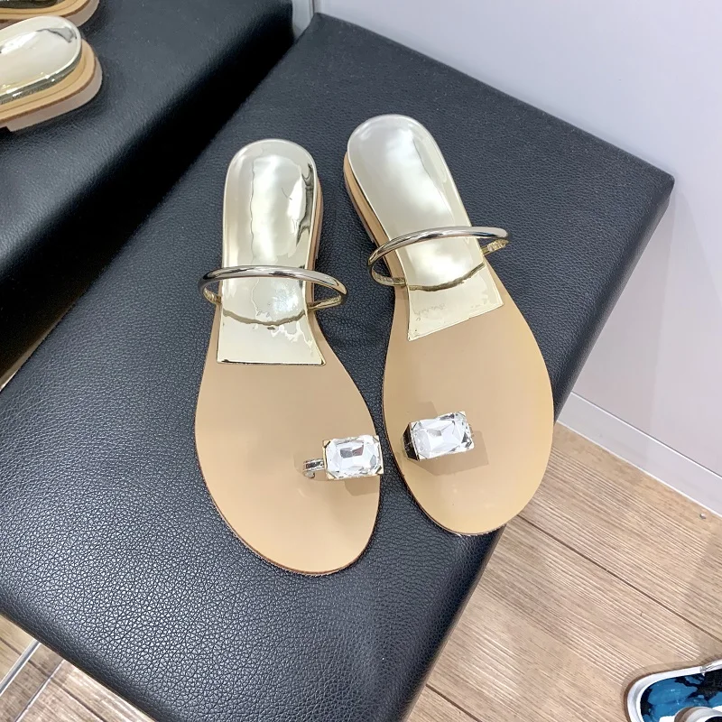 Big Rhinestone Summer Slippers Clip Toe Flats Sandals Slippers Increase Beach Shoes Casual Fashion Flips Flops Gold Silver Mules