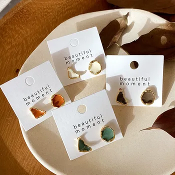 

MENGJIQIAO Hot Sale Vintage Colorful Irregular Asymmetric Cute Stud Earrings For Women Girl Fashion Oil Brincos Jewelry