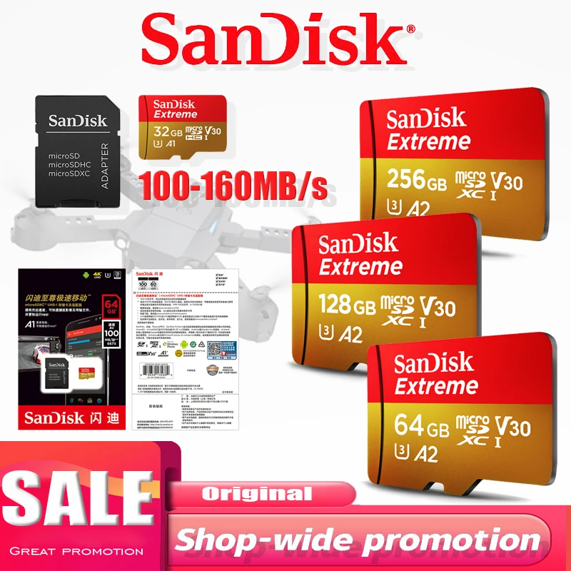 Карта памяти SanDisk Extreme Micro SD карта 32 Гб 64 Гб 128 ГБ 256 ГБ UHS-I C10 U3 V30 A2 MicroSDHC/Micro SDXC Flash TF карта класс 10