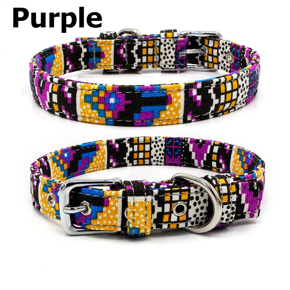 Purple 1 шт. ошейник для собак крепкий прочный двойной холщовый ошейник для питомца Регулируемый богемный стиль с принтом для Шиба ину Хаски пуделя Papillon - Цвет: Purple