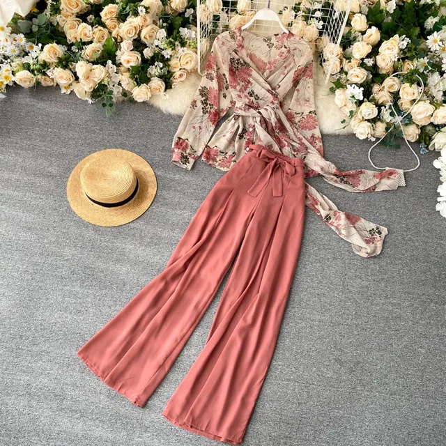 Fitaylor Summer New Women Floral V-neck Lace Chiffon Top High Waist Slim Solid Casual Wide-leg Pants Ladies Two Piece Set 5