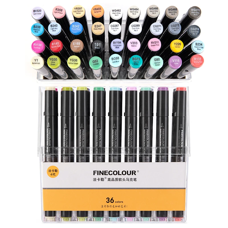 36colors-standard Finecolour EF103 на спиртовой основе маркер для рисования с мешком 12/24/36/48/60/72/240 Цвета жирной Мягкая зубная щетка с двумя головками и маркер для белой доски профессиональный - Цвет: 36colors-standard