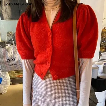 

2020 Red Women Knitted Single-breast Button Cardigan Shaggy Sweater Retro Exposed navel Short Knitwear Short sleeve Jumper Tops