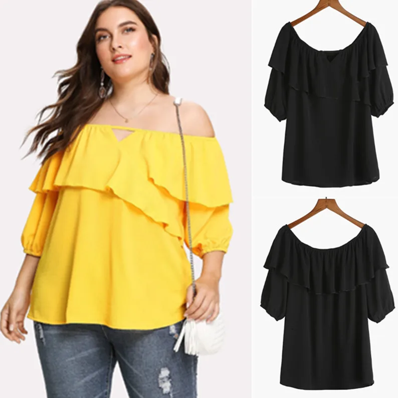 

New Style Europe And America Large Size Dress Elastic Flounced off-Shoulder Tops Large GIRL'S Half-sleeve Shirt off-Shoulder Shi