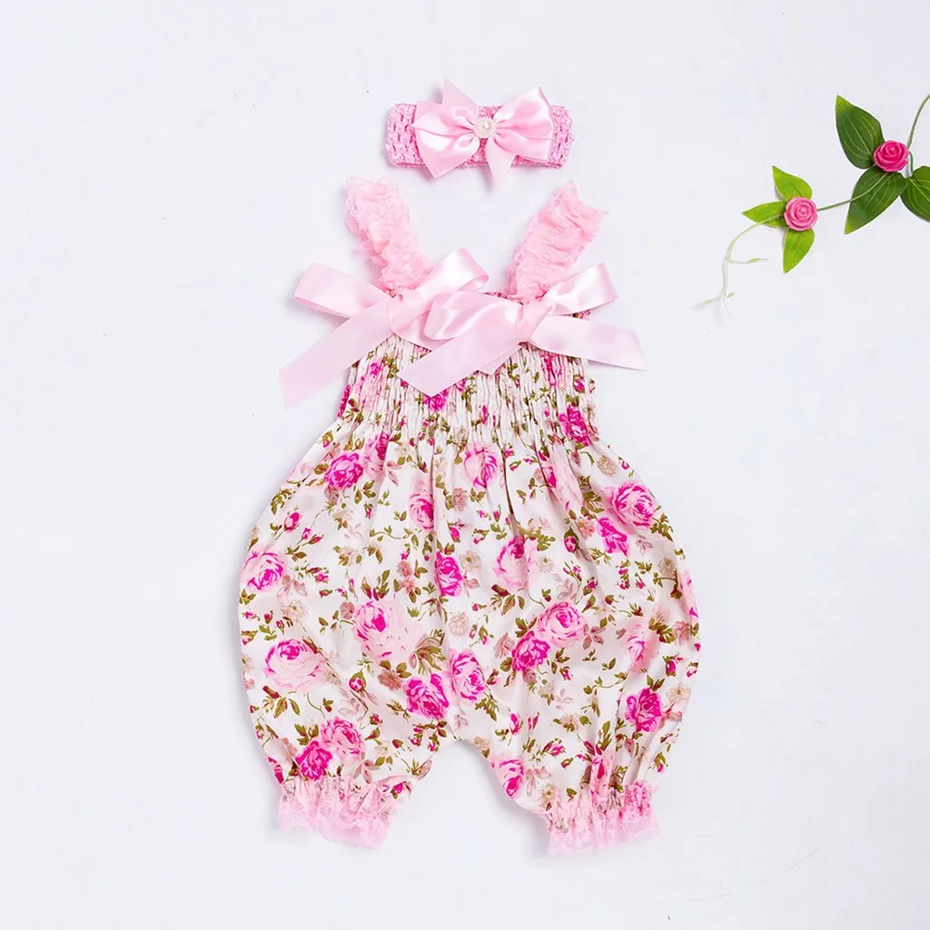 Rompers 2021 Newborn Baby Girl Clothes Floral Bow Jumpsuit+headband 2pcs Outfits Set Summer Sleeveless Dropshipping | Мать и ребенок