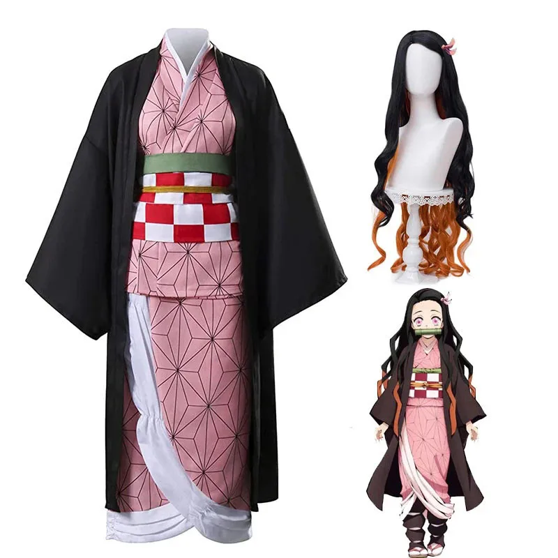 Anime Demon Slayer Kimetsu No Yaiba Kamado Nezuko Cosplay Costumes Sets Kimono Adult Kids Women Halloween Costume Wig |
