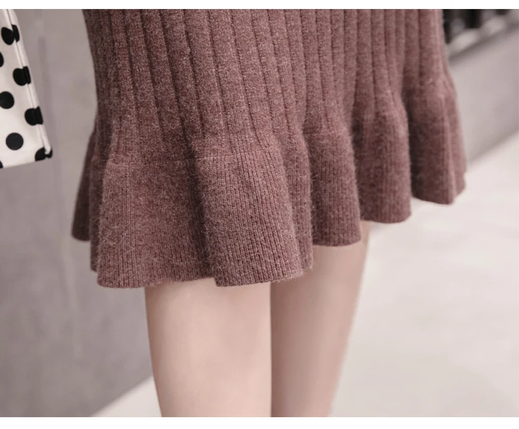Warm Winter High Street Color Block Bodycon Knit Skirt High Waist Knee Length Skirts Women Knitwear Vintage Skirt