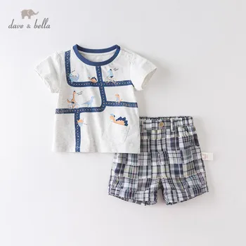 

DBA12438 dave bella summer baby boys fashion cartoon plaid clothing sets kids handsome short sleeve sets children 2 pcs suit