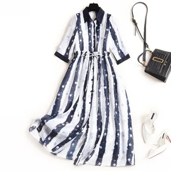 

vestisdo longo dresses for adult women 3/4 sleeve Striped Casual A-Line Mid-Calf Turn-down Collar women's dress for everyday