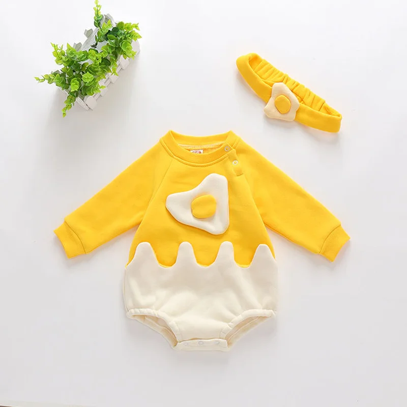 Yellow Новинка; одежда с рисунком яйца для маленьких девочек; комбинезоны с длинными рукавами; модный детский комбинезон; Комбинезоны для маленьких девочек с повязкой на голову; осенняя одежда - Цвет: Yellow