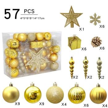 

57 Pcs Christmas Tree Assorted Decorations Golden Star Balls Gifts Snowflakes Ornaments for Festival Holiday and Party