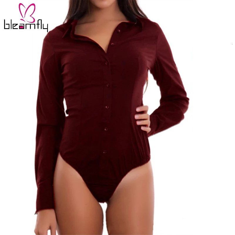 

Long Sleeve Women Bodysuits Turn-down Collar Button Shirt Bodysuit Elegant Office Ladies Romper Slim Playsuits Summer OL Clothe