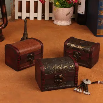 

Vintage Retro Wood Box With Lock Storage Container Box Trinket Jewelry Bracelet Pearl Ring Wooden Treasure Case Chest Organizer