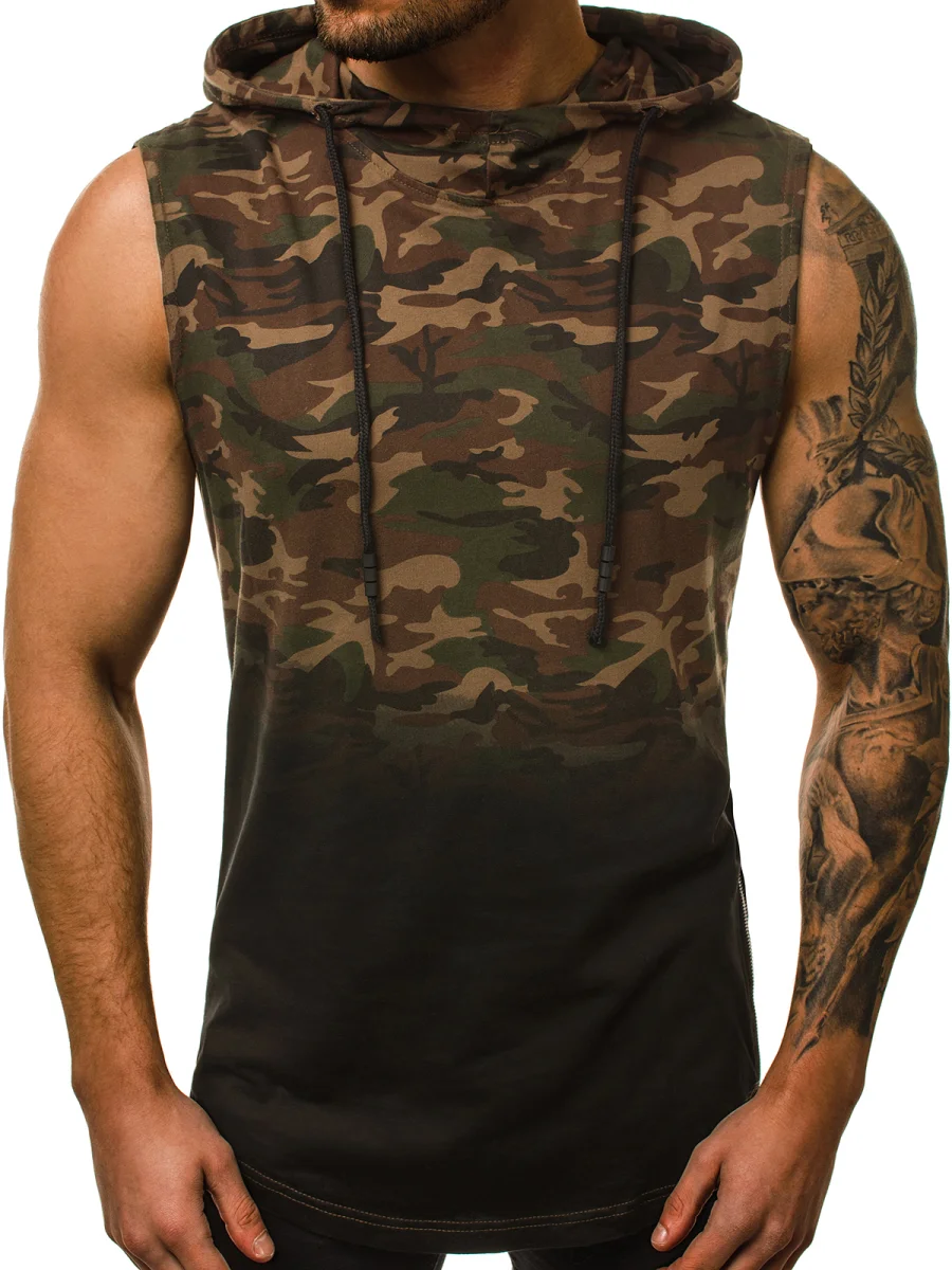 Новая летняя мужская майка без рукавов с капюшоном фитнес тонкий дышащий спортивный пуловер камуфляж Бодибилдинг майка