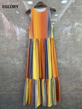 

Sleeveless Long Dress 2020 Summer Fashion Ladies Sweet Rainbow Color Print Ankle Length Long Maxi Dress Casual Women Vestido