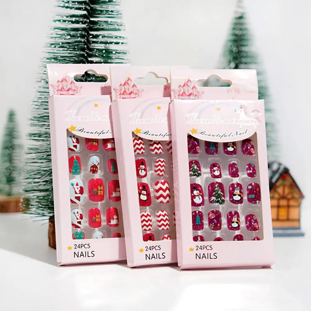 24Pcs/Set Christmas Style Kid Nail Tip Self-Adhesive Colorful DIY Full Cover False Nails Art Press On Tips for Gift 2