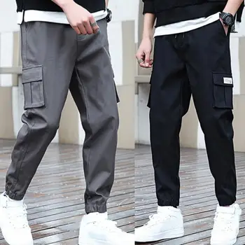 

Men Solid Color Multi-pocket Drawstring Ankle Banded Long Cargo Pants Trousers Male Spring Streetwear Overalls Sweatpants