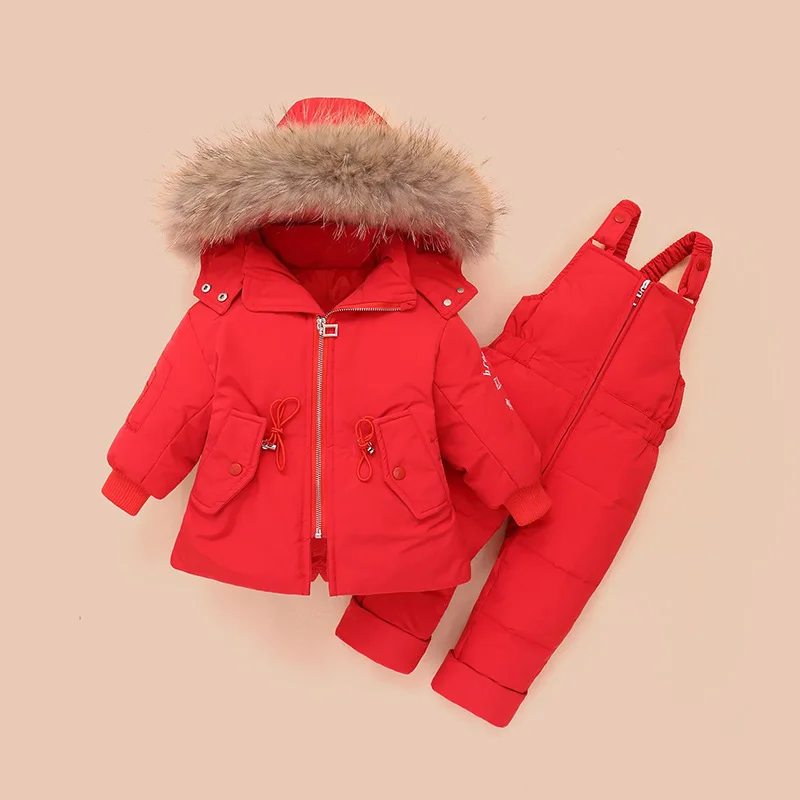 Коллекция года, комплекты зимней детской одежды, костюмы для маленьких мальчиков и девочек, пуховые пальто+ комбинезон, зимний комбинезон, детский лыжный костюм из 2 предметов комплект детской одежды - Цвет: Красный