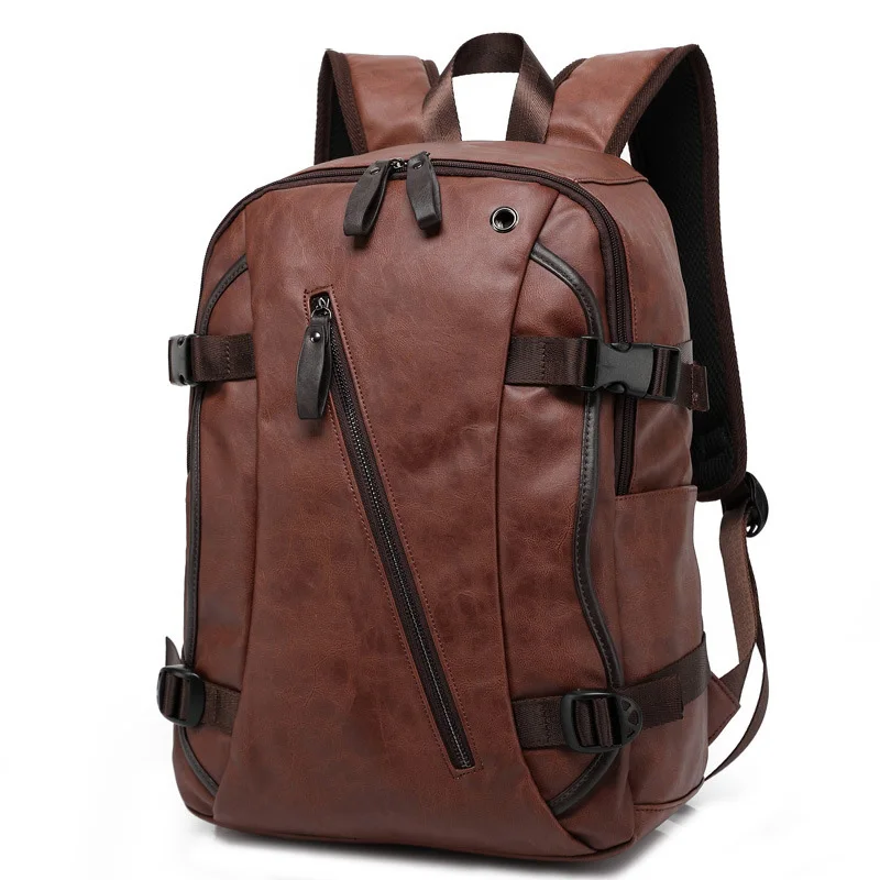 Men pu leather backpack student school bagpack laptop bags sac a dos mochila escolar zaino large capacity brown black for male - Цвет: Коричневый