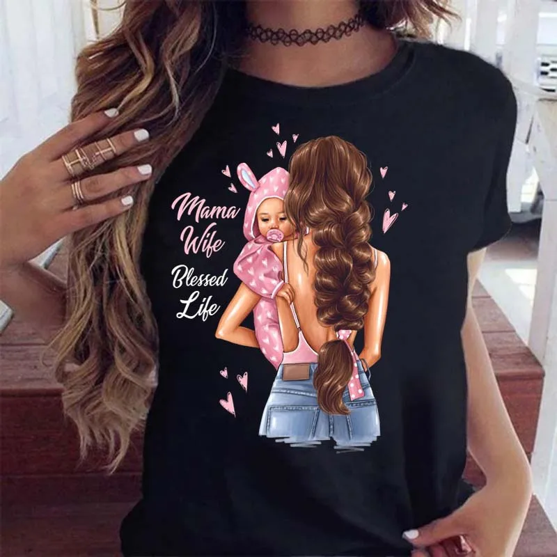 Women Clothing Cartoon Family Happy Time Mama Mom Mother Short Sleeve Clothes Print Tshirt Female Tee Top Graphic Black T-shirt vintage tees Tees