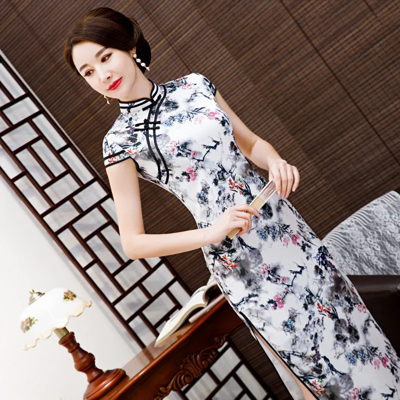 Китайские классические платья для женщин элегантные негабаритных Cheongsam Мандарин Воротник Тонкий Vestidos M-4XL лето цветочный принт Qipao