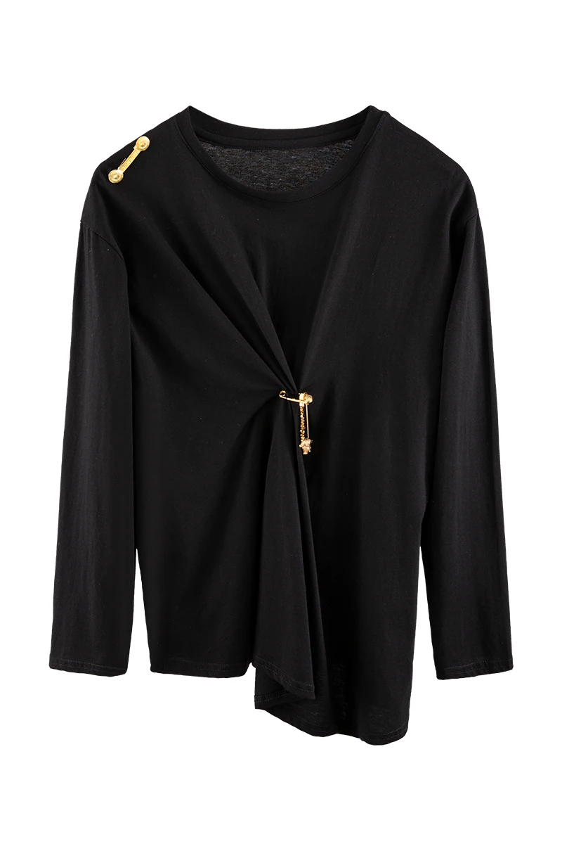 autumn new metal pin decoration fold round neck long sleeve irregular T-shirt female slim fashion