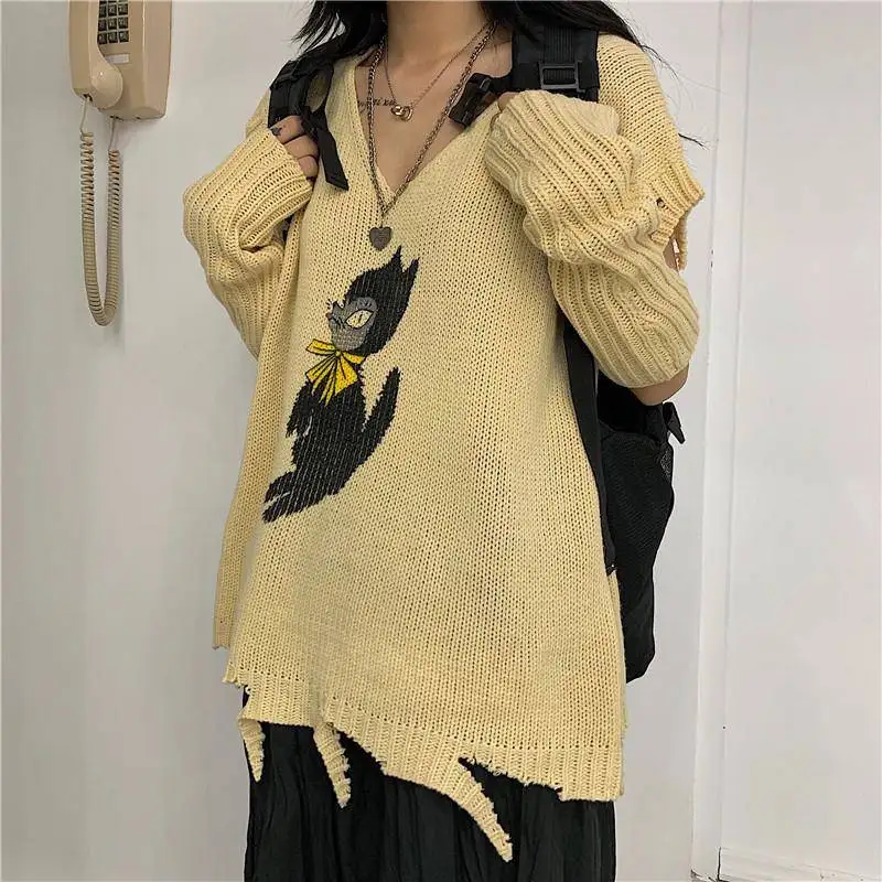 Broken Cool Pullover Sleeveless Sweater 2020 Woman Split V Neck Loose Punk Knit Top Cartoon Cat Autumn Jumper + Knit Arm Warmer Broken Cool Pullover Sleeveless Sweater 2020 Woman Split V Neck Loose Punk Knit Top Cartoon Cat Autumn Jumper + Knit Arm Warmer
