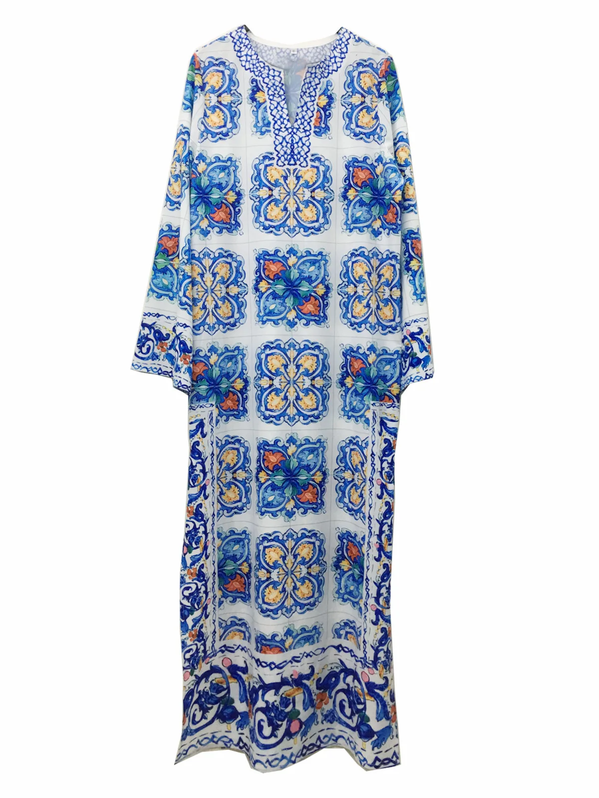 Богемная пляжная юбка, белое платье, женское голубое и белое фарфоровое вечернее платье с v-образным вырезом, длинная юбка для девочек, мусульманская одежда для девочек