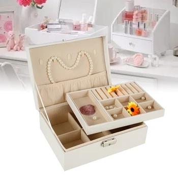 

PU Leather Jewelry Box Storage Box with Lock Korean Style Earrings Ring Display Lady Case Portable Women Jewelry Storage Box