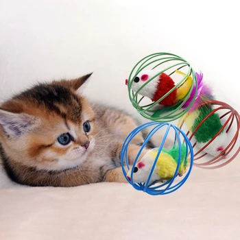 

1Pcs Cat Interactive Playing Tools Plush Stainless Steel Iron Cage Diam 6CM Mouse Cat Toys Pet Supplies Non-toxic Random Color
