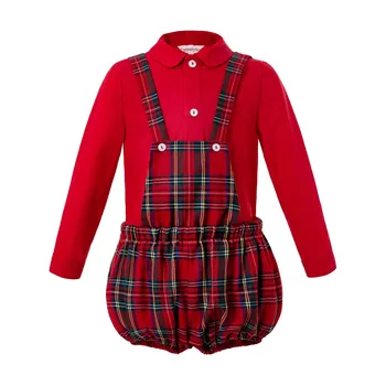 

Pettigirl Wholesale Christmas Boy Clothing Set Boys Red Shirt+Grid Suspenders Pants Kids Party Costumes Autumn Children Outfits