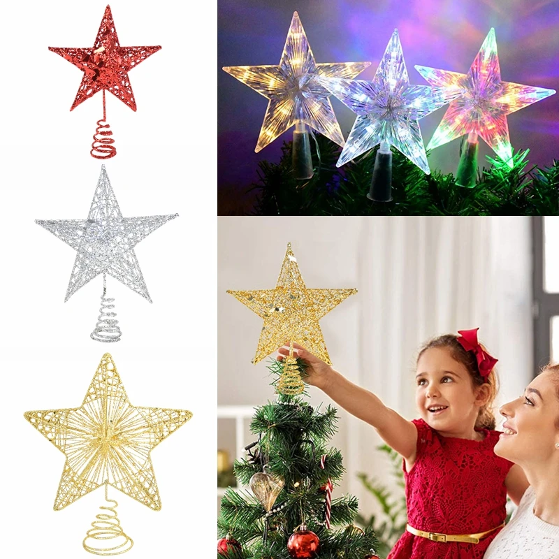 Albero Di Natale Top Star Ornament Oro Argento Rosso Glitter Iron Star Topper Decorazione Festa Di Capodanno Decorazioni Natalizie Per Alberi Di Natal