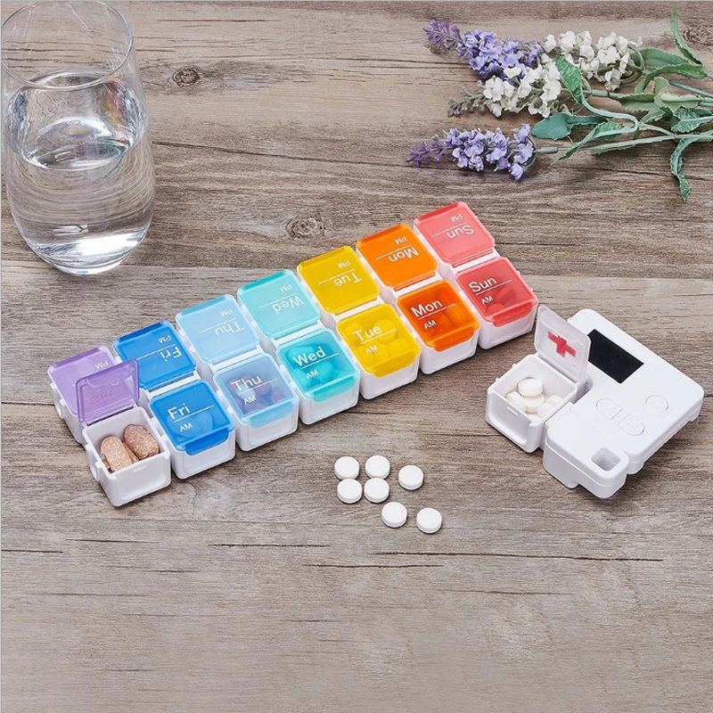 

14 grids weekly storage portable plastic pill box electronic portable sealed dispensing timing remind smart smart pill box