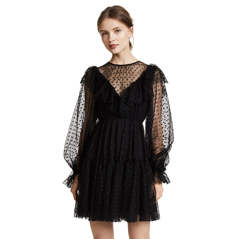 

V Neck Mesh Short Dress Party Elegant Sexy Polka Dot Backless Ruffle Lantern Sleeve High Waist Summer Dress Lace Women Vestidos