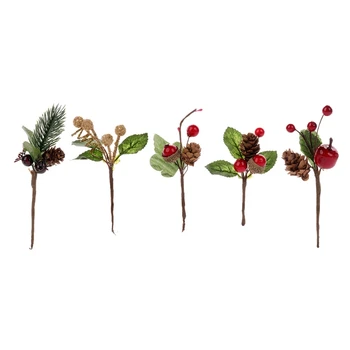 

15Pcs Red Christmas Berry and Pine Cone Picks with Holly Branches for Holiday Floral Decor Flower Crafts