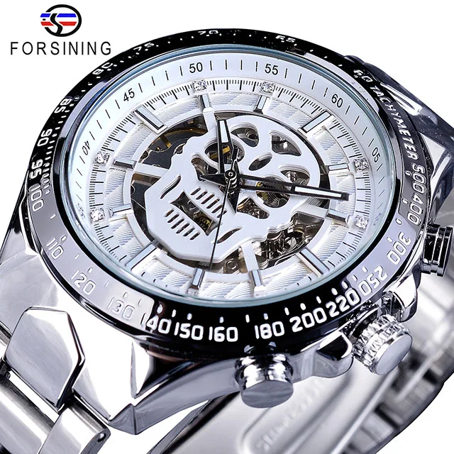 GMT1107-3 Forsining Фирменная Новинка Для мужчин механические часы голова призрака Череп Скелет Автоматический Серебряный Нержавеющая сталь спортивные мужские часы дропшиппинг - Цвет: GMT1107-3