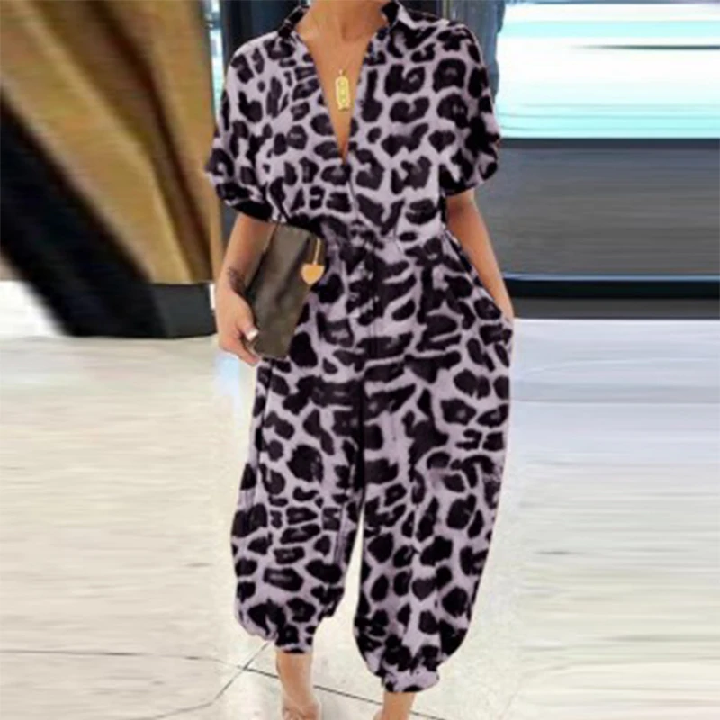 Women Retro Leopard Print Button Jumpsuit Summer V Neck Short Sleeve Playsuit Elegant Office Lady Rompers Beach Overalls Pockets
