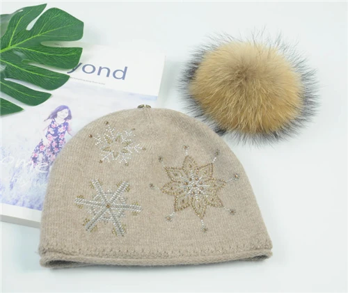 Khaki natural fur Шерстяные кашемировые женские шапки с помпоном из натурального меха енота, женские шапки Skullies Beanies, меховые шапочки, женские зимние меховые шапки - Цвет: Khaki natural fur