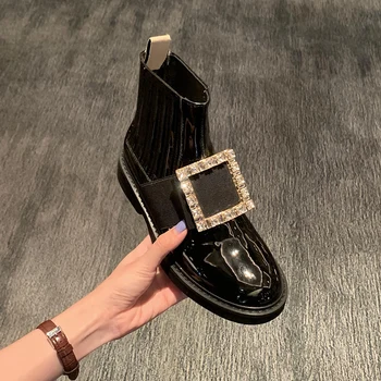 

Korean version of patent leather elastic bootie rhinestone square buckle Martin boots thin thick heel Chelsea boots new 2020