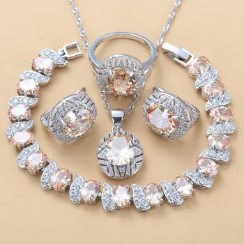 

Elegant Fashion Party Vintage Accessories Silver Color Champagne CZ Jewelry Sets Dangle Earrings Bracelet And Ring Women