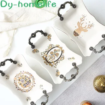 

33*20cm European Rectangular Gold Elk with Handle Ice Crack Ceramic Fruit Plate Home Decoration Storage Dessert Fruit Basket