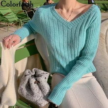 Colorfaith, новинка, Осень-зима, женский свитер, вязанный, свободный, модный, v-образный вырез, эластичный, корейский стиль, пуловеры, топы, SW8378