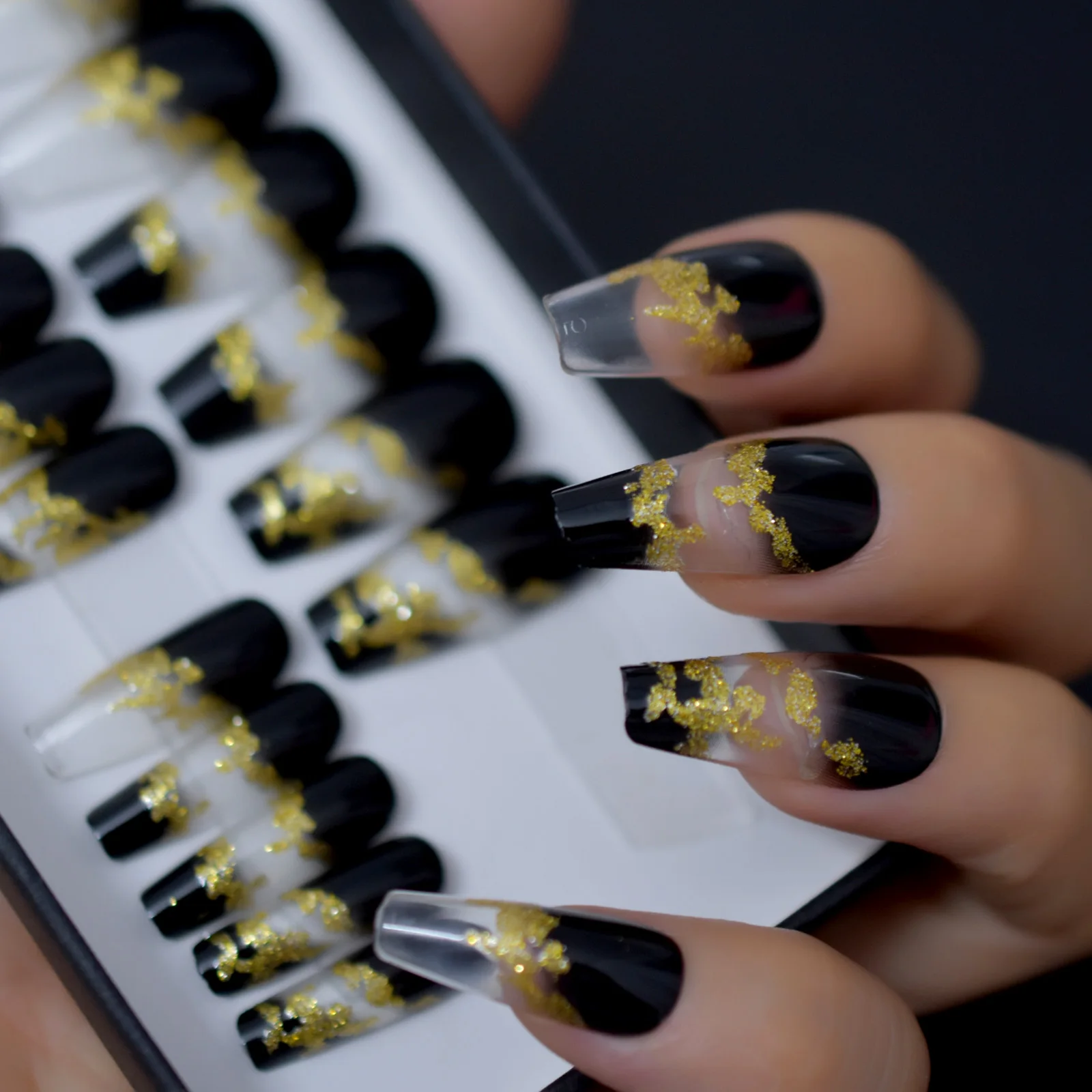 Gold Glitter Deco Ombre Black French Fake Nails Coffin Glossy Press On  False Nails Full Fingernails Wear Tips Custom Logo Box|False Nails| -  AliExpress