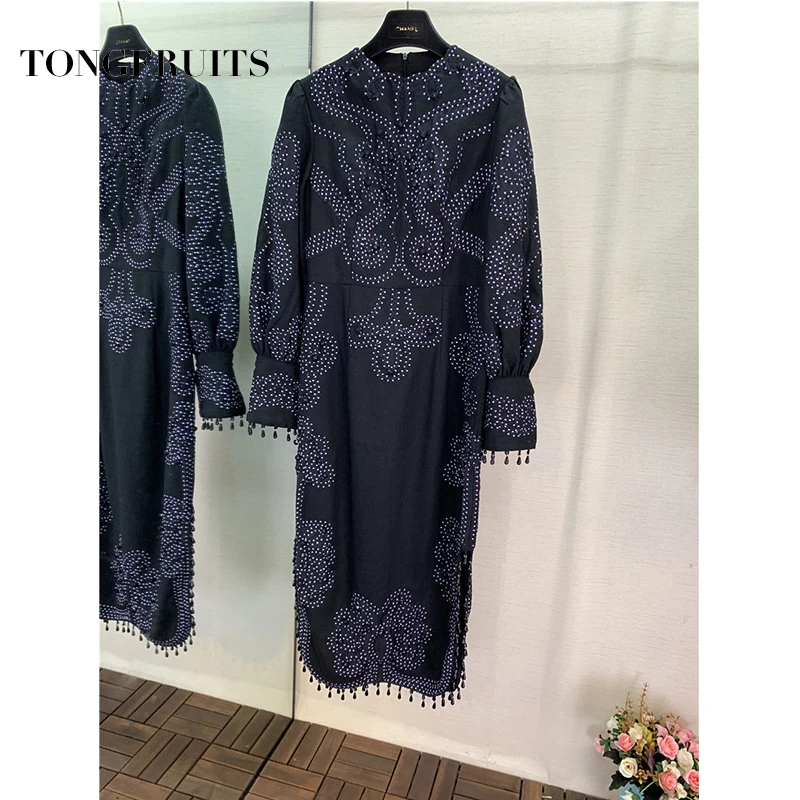 Premium Geborduurde Fringe Jurk Herfst Vrouwen O Hals Deco Jurk Dames Toevallige Zwarte Kleur Lantaarn Mouwen Jurken Vestidos Premium Geborduurde Fringe Jurk Herfst Vrouwen O Hals Deco Jurk Dames Toevallige Zwarte Kleur Lantaarn Mouwen Jurken Vestidos