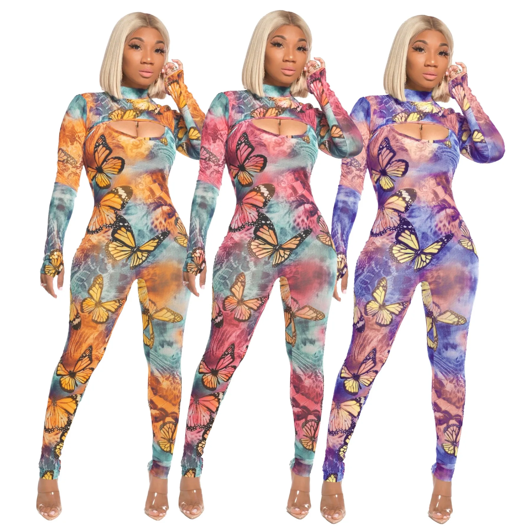 Echoine Women Butterfly Print Long Sleeve Two Piece Set Crop Tops Bodycon Jumpsuit Sexy Party Club Matching Fitness Outfits | Женская