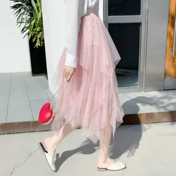 

Tulle Skirts Women Clothing High Waist Mesh Skirt Hem Asymmetrical Pleated Midi Skirt Female Slim Black Casual New Summer Skirts