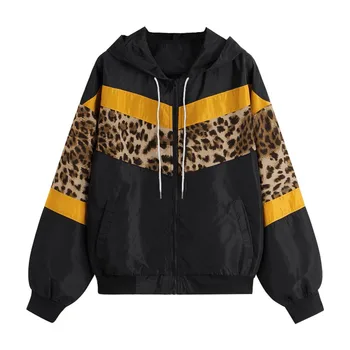 

FREE OSTRICH 2020 Autumn Winter Coat Womens Long Sleeve Leopard Hooded Zip Stitching Outwear Vintage Coat Jackets Ladies