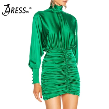 

INDRESSME 2020 New Sexy Women Spring Fashion Vestidos Stand Neck Draped Full Long Sleeve Satin Mini Dress Party Club Green Dress