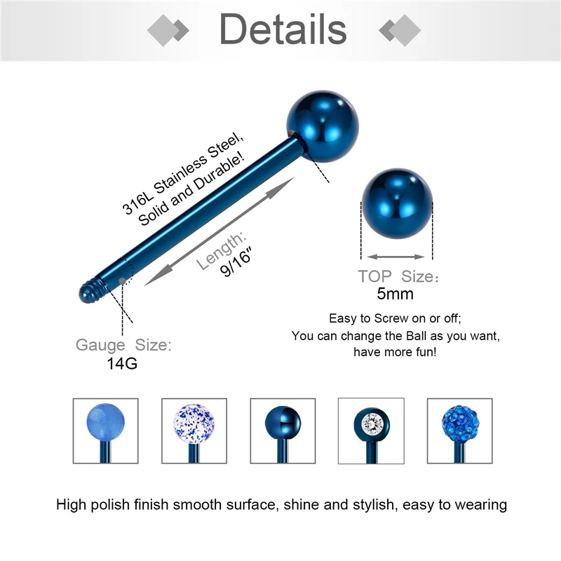 JFORYOU14G кольца для сосков 12mm14mm16mm18mm хирургические стальные сверкающие металлические шарики/ристоун/конфеты цветные шарики соска штанги для пирсинга