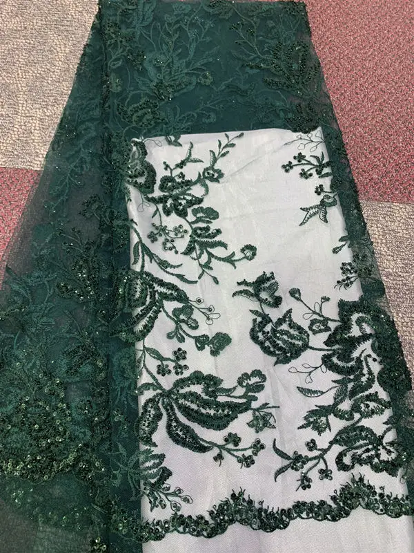 dark green Последние Серебристые африканские кружевные ткани вышитые нигерийские кружева высокого качества французский Тюль кружевная ткань с бисером для свадебной вечеринки - Цвет: dark green